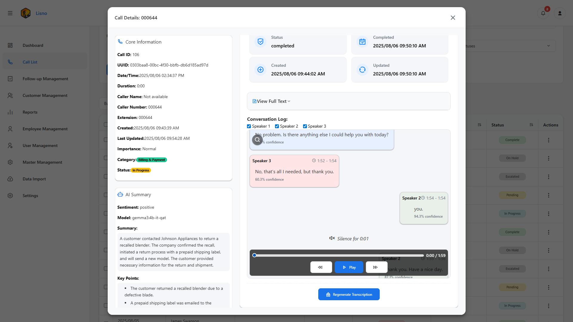 LISNO Transcription system interface