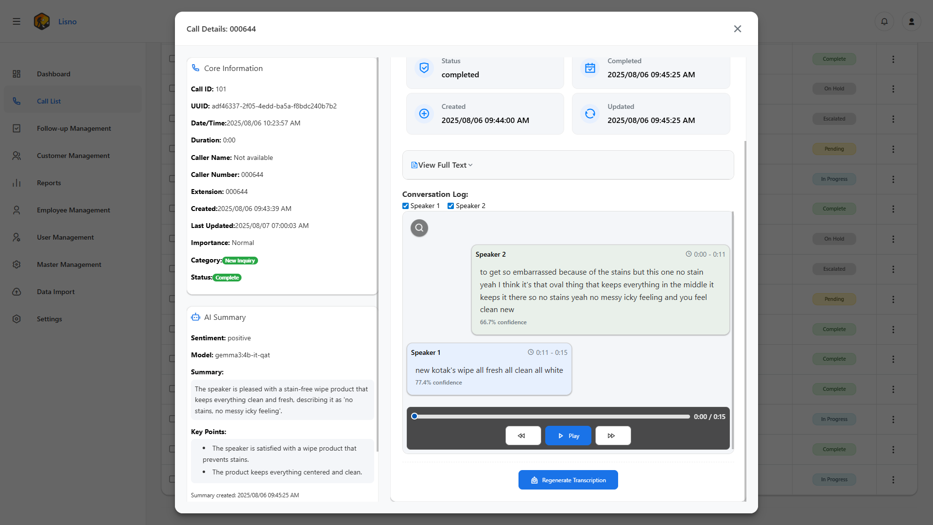 LISNO call detail screen showing a conversation transcript, AI summary, sentiment, and audio playback.