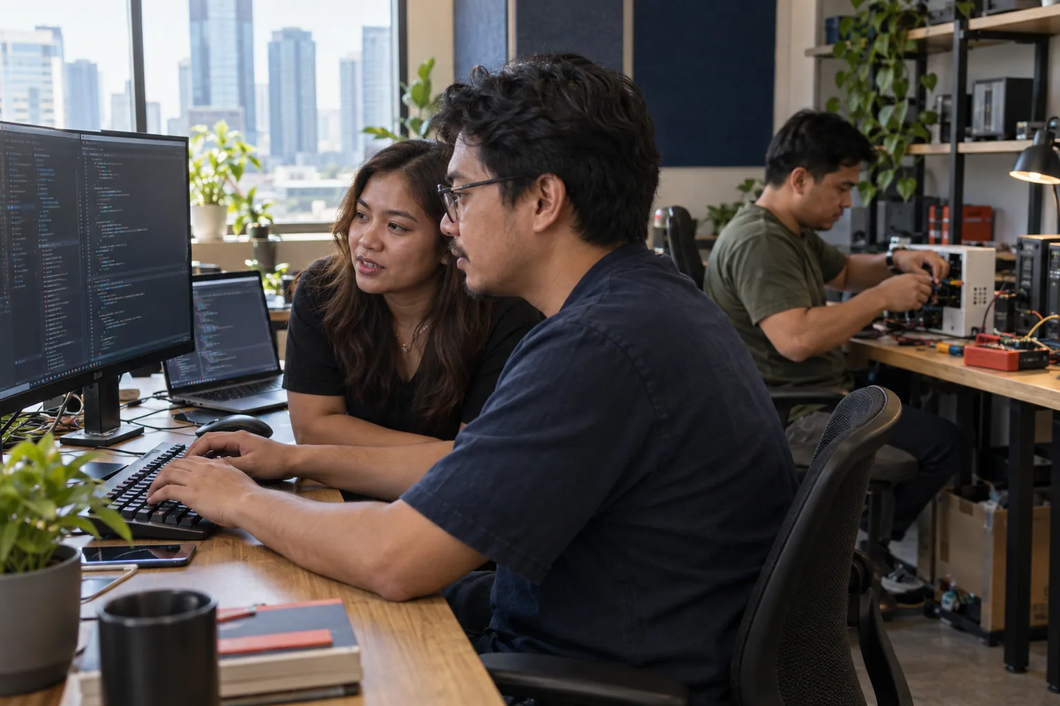 Three software engineers review code and test an integration together.