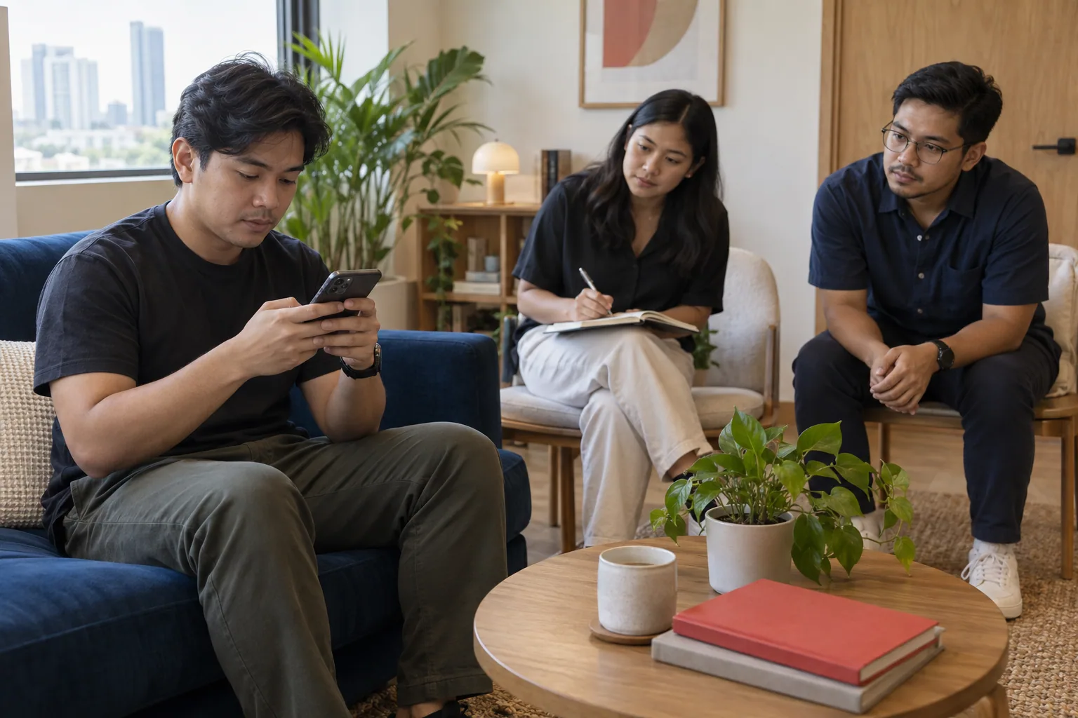 Product specialists observe a participant completing a task on a mobile prototype.