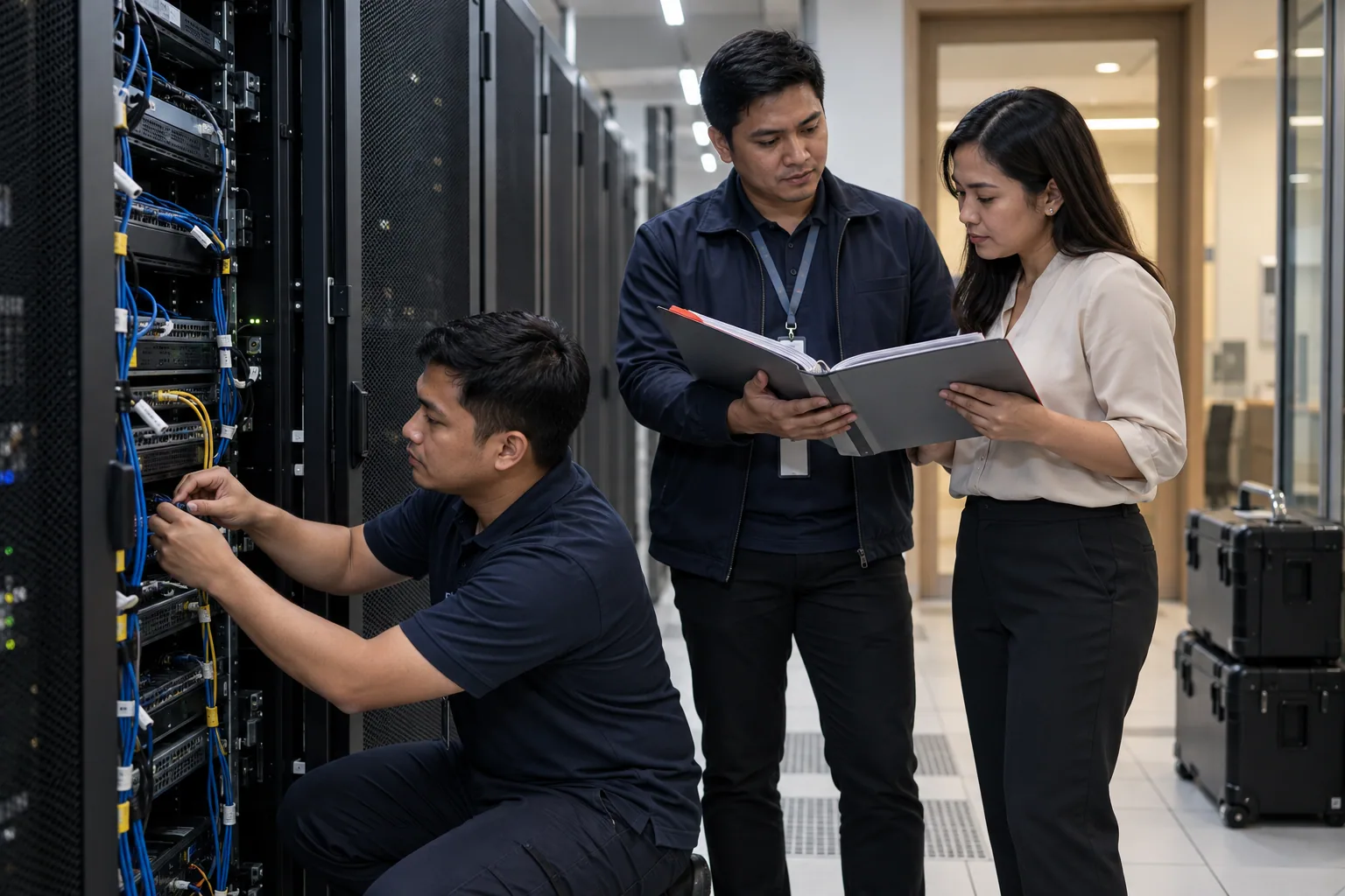 Technology professionals inspect server infrastructure and review handover documentation.