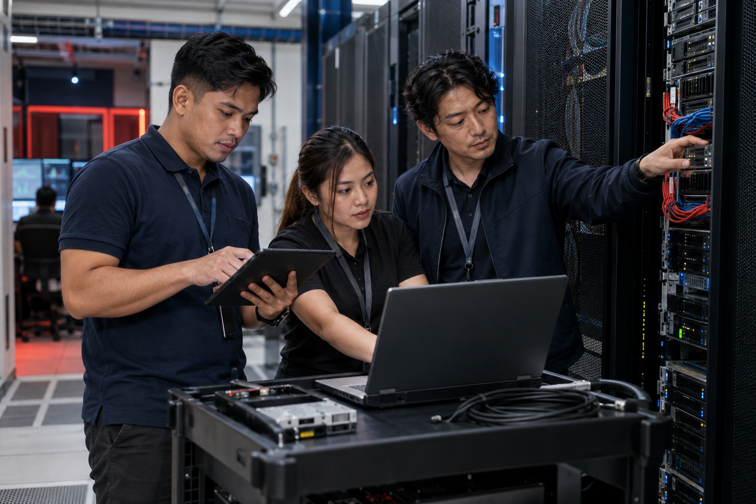 Filipino and Japanese infrastructure specialists validate servers and a migration plan in a data center.
