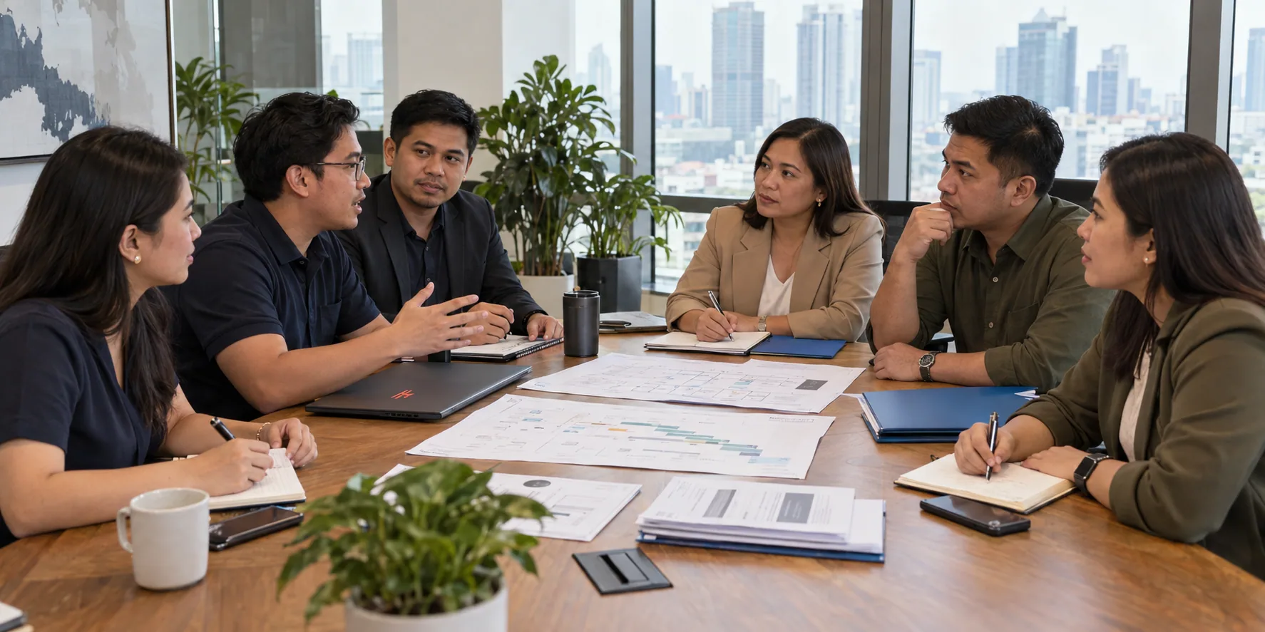 Six people discuss a roadmap and architecture diagrams around a conference table.